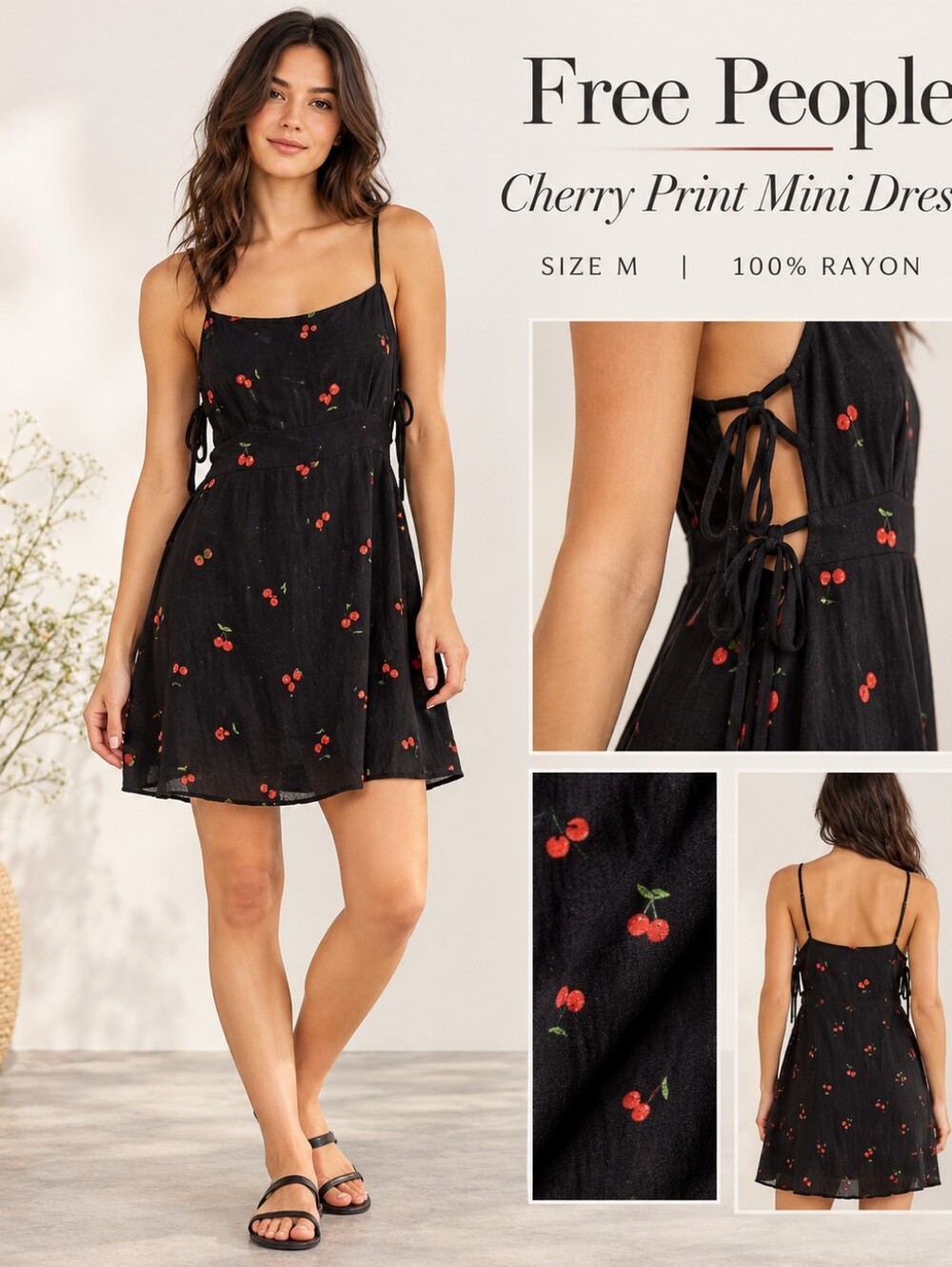Free People Black Cherry Print Tie Side Mini Dress Size M Made in USA